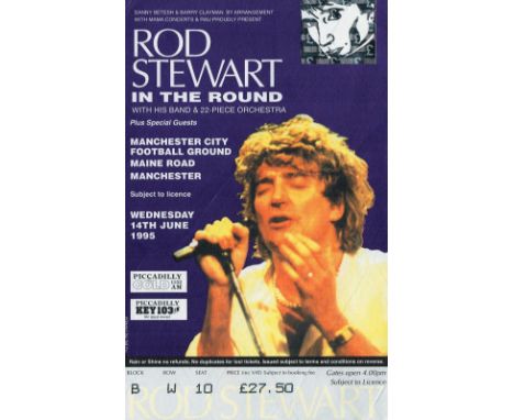 George Best and Denis Law signed Rod Stewart in the Round concert ticket Manchester City Football Ground Maine Road Mancheste