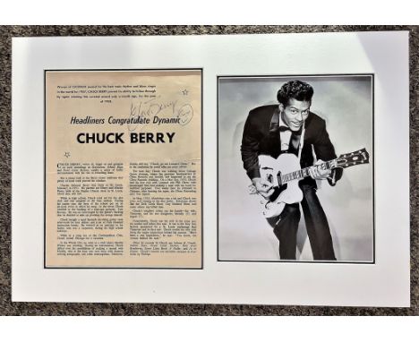 Chuck Berry 18x12 approx mounted signature piece includes signed magazine page and a superb black and white photo of the rock