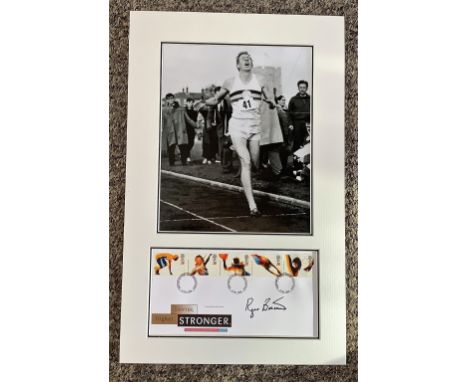 Roger Bannister 16x10 approx mounted signature piece includes signed Swifter Higher Stronger FDC multiple pm 9 Jul 1996 Bourn
