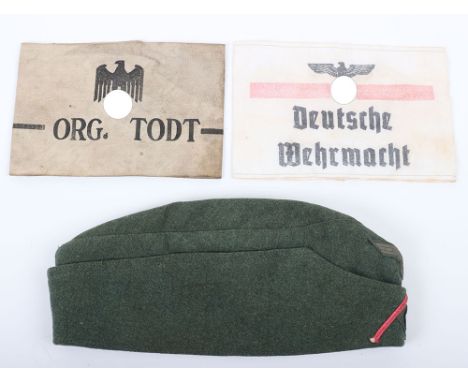 WW2 German Army Panzer Overseas / Side Cap and Armbands: Hat with badges and Panzer pink to front ,stamped 1942 and RB number