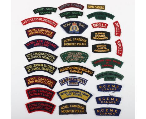 Canadian Military Shoulder Titles: A good selection mixed ages pairs and singles to include Lorne Scots, R.C.E.M.E. ,Highland