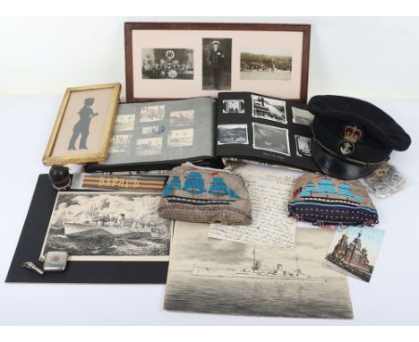 Navy Related Curious: Mixed age items with naval interest to include 1950s PO hat, bead work sailing ship bags in the style o