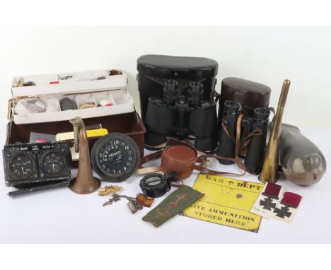 Mixed Hunting / Shooting Items: Real mixed lot to include modern compass, optics , vintage wooden pigeon target ,brass horns,