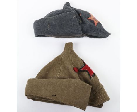 Soviet Russian Budenovka Hats: Blue grey cloth with enamel red star badge to front, quilt liner which is stamped and  another