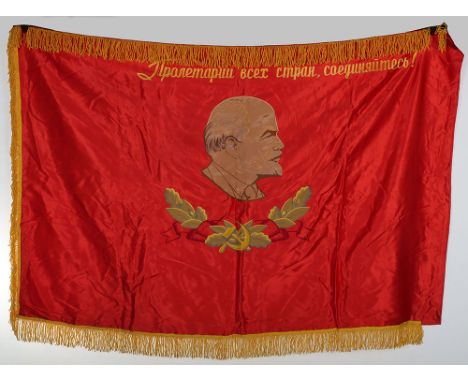 Russian Soviet Patriotic Banner: Two sided  quality made multi-piece construction with fringe, Lenin to one side ,hammer with