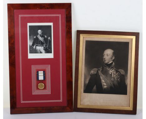 Naval Gold Medal: A good copy of the Naval gold medal given to Sir Thomas Hardy in new frame with print above, size 31 cms x 