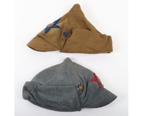 Soviet Russian Budenovka Hats: Blue grey cloth with enamel red star badge to front, quilt liner which is stamped and  another