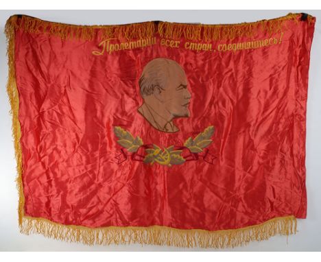 Russian Soviet Patriotic Banner: Two sided  quality made multi-piece construction with fringe, Lenin to one side and hammer w