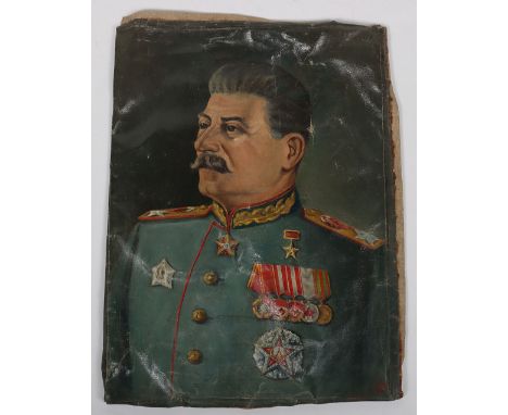 Portrait of Soviet Russian Wartime Leader Joseph Stalin: A good oil on canvas portrait of Stalin in military uniform with med