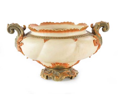 ROYAL WORCESTER CHARDINEER WITH SCROLLED HANDLES AND LEAF DESIGN BASE RN 150707 1459HEIGHT: 7 INCHES WIDTH: 12 INCHES NO OBVI