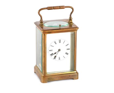 BRASS FOUR PANEL CARRIAGE CLOCK WITH BRASS SWING HANDLE AND REPEATER MOVEMENTHEIGHT: 5 INCHES WIDTH: 4 INCHES DEPTH: 3 INCHES