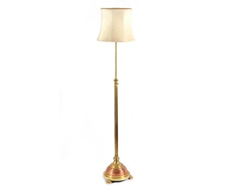 PILLAR BRASS TELESCOPIC STANDARD LAMP ON BRASS AND COPPER BASE, WITH THREE SHELL FEET.HEIGHT: 75 INCHES GOOD CONDITION