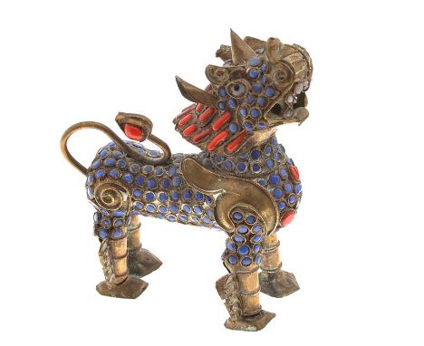 CHINESE LAPIS AND CORAL SET DRAGON FIGURE PERFUME BOTTLE HEIGHT: 4 INCHES WIDTH: 3 INCHES SOME WORN MARKS 