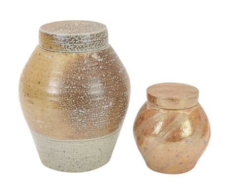 Sarah WALTON (1945) Two lidded jars  Stoneware with salt glaze, impressed seal on each, height of the largest jar 23cm.Please