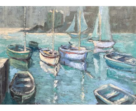 David COX (XX-XXI) Harbour View Oil on board, signed, together with a fisherman's portrait verso, 27cm x 37cm, 35cm x 45cm fr