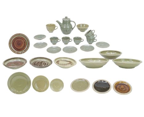 Crowan Pottery A collection of Crowan Pottery  Stoneware with celadon glaze, one coffee pot, seven coffee cups and saucers, s