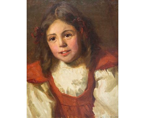William Cave DAY (1862-1924) Portrait of a Young Girl  in Red   Oil on canvas, signed, 42 x 33cm, framed 57 x 48cmPossibly th
