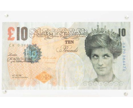 BANKSY (1974) Di Faced Tenner (2004) Offset lithograph in colours, 7.5 x 14.5cm, perspex frame 10 x 15cm.