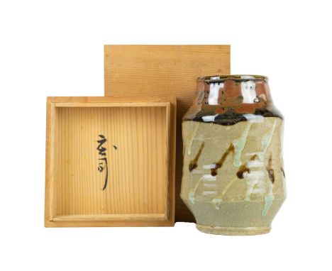Shoji HAMADA (1894-1978) Albarello Vase  Stoneware with seiji glaze, height 17cm. Together with signed wooden display box.