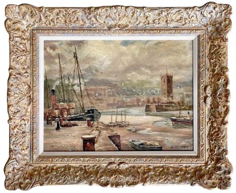 Arthur WHITE (1865-1953) Low Tide, St Ives Oil on panel, signed, 30 x 40cm, framed 46 x 57cmThis oil with its historic detail