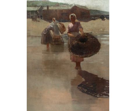 Frank BRANGWYN (1867-1956) Fisher women with Lobster Pots  Oil on canvas, a riverbank scene with a rowing boat to verso, 129 