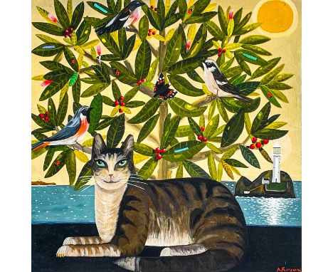 Alan FURNEAUX (1953) Cat Before Cornish Seascape Oil on board, signed, 52cm x 52cm, 65cm x 65cm framed.