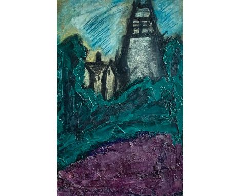 John EMANUEL (1930-2024) Purple Field & Coastguard Houses, St Agnes Mixed media on board, signed and titled verso, 46.5cm x 3
