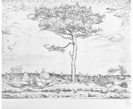 Bernard Howell LEACH (1887-1979) Boats and tree (1912)  Etching, edition 2/25, authenticated by Janet Leach with Bernard and 