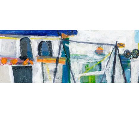 Daphne MCCLURE (1930-2023) The Dock, c1998  Mixed media on board, signed, further signed and titled to verso, 15 x 38cm, fram