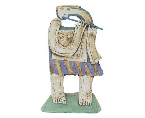 Christy KEENEY (1958) The Flautist Ceramic, signed, 43cm x 26cm x 7cm.