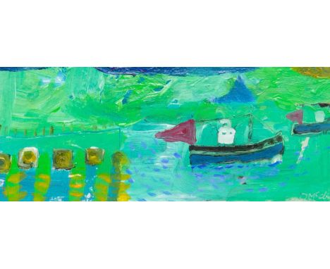 Daphne MCCLURE (1930-2023) Boat Passing the Mount, c1998  Mixed media on board, signed, further signed and titled to verso, 1