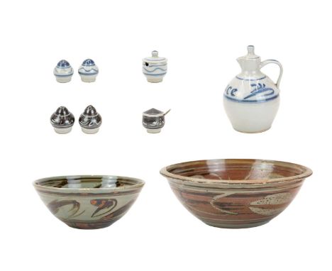 Crowan Pottery A collection of nine pieces  Including two bowls, a sauce jug, two mustard pots (one with spoon) and two pairs