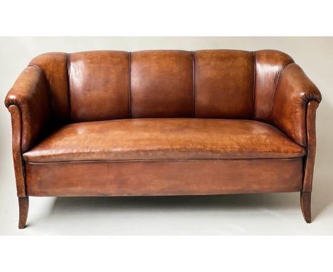 ART DECO SOFA, natural brown leather and brass studded with piping and shaped supports, 160cm W. 