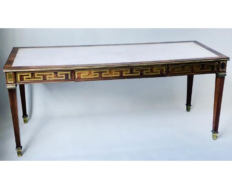 BUREAU PLAT, mahogany and gilt metal bound with tooled white leather top above a Greek key inset frieze including three drawe