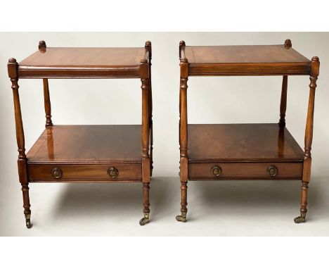 LAMP TABLES, a pair, George III style yewwood of two tiers, each with drawer, 45cm x 45cm x 60cm H. (2) 