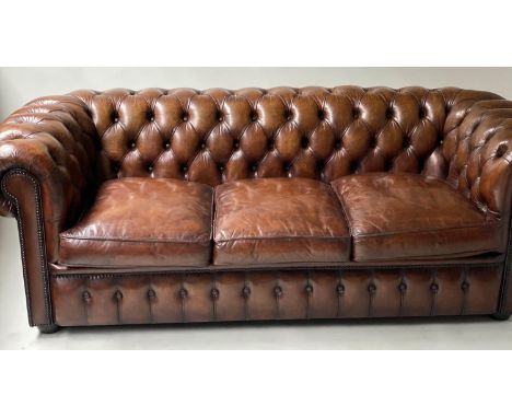 CHESTERFIELD SOFA, vintage hand finished and faded natural tanned leather with deep button upholstered back and arms by Flemi