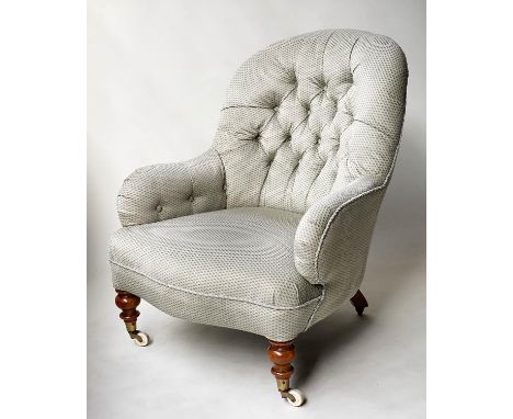 ARMCHAIR, Victorian walnut in Colefax and Fowler style printed sateen with button back silver silk cord piping and turned sup