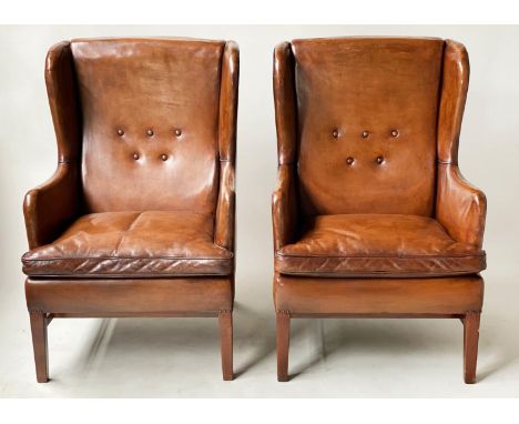 WING ARMCHAIRS, a pair, George III design button back tobacco brown leather upholstered, 69cm W. (2) 