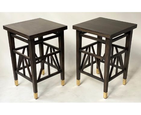 LAMP TABLES, a pair, Liberty style black lacquered, square tops with brass tipped supports, 40cm x 40cm x 61cm H. (2) 