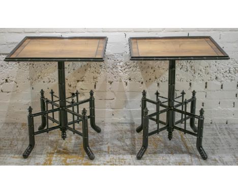 LAMP TABLES, a pair, aesthetic design, walnut, rosewood and ebonised with square crossbanded tops on simulated bamboo legs, 7