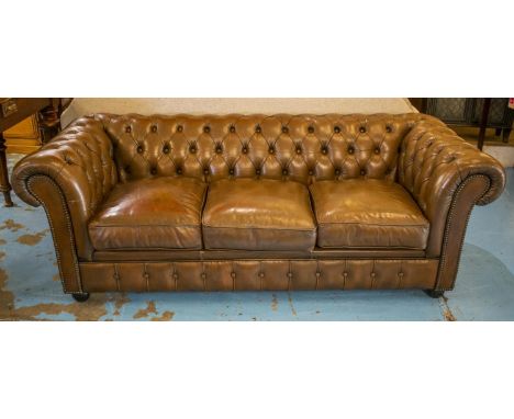 CHESTERFIELD SOFA, brown leather with three seat cushions, 70cm H x 197cm W x 87cm D. 