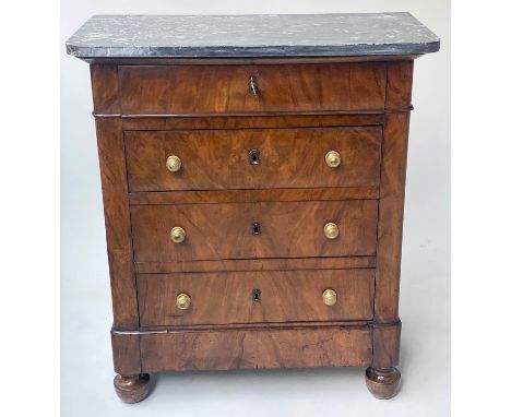 HALL COMMODE, 19th century French Louis Philippe walnut and gilt metal mounted of shallow proportions with marble top above f