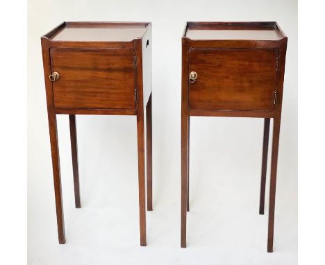 LAMP TABLES, a pair, George III mahogany each with 3/4 gallery pierced handles and panel door, 33cm x 30cm x 76cm H. (2) 