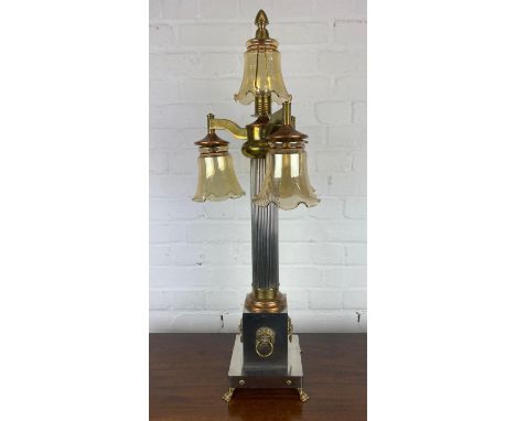 COLUMN HALL LAMP, early 20th century English silver plate, copper and brass four branch, with lion head detail, raised on paw