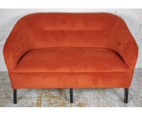 SOFA, orange velvet upholstered, 79cm H x 126cm x 65cm. 