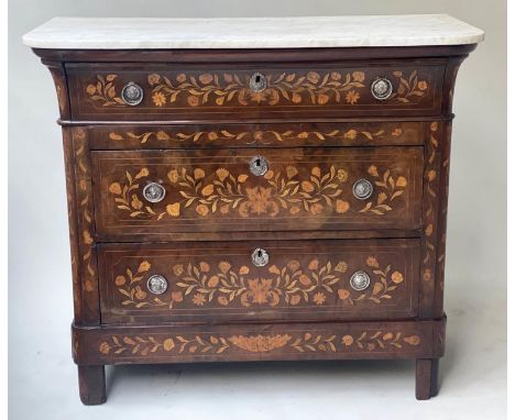 DUTCH COMMODE, 19th century mahogany and foliate satinwood inlaid with variegated white marble and three long drawers, 110cm 