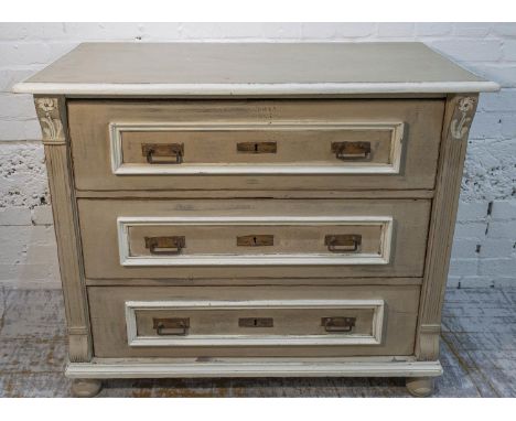 GUSTAVIAN STYLE CHEST, 19th century painted pine, three drawers with applied moulding, decorative metal handles with original