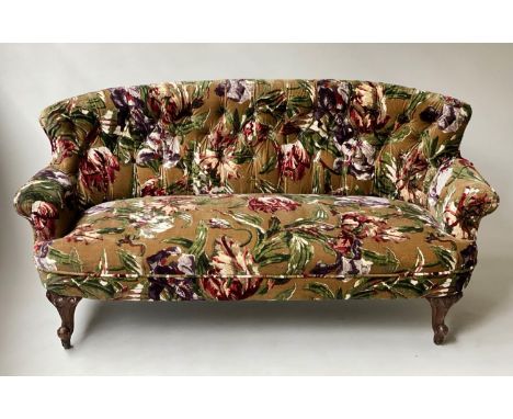 SOFA, late 19th century mahogany and button backed in printed velvet on carved supports, 160cm W. 