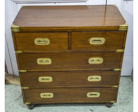 CAMPAIGN STYLE CHEST, teak and brass bound of five drawers, 69cm H x 69cm x 38cm. 
