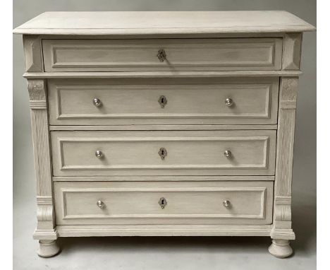 COMMODE, 19th century French, grey painted and silvered metal mounted, with four long drawers, 108cm x 56cm x 92cm H. 